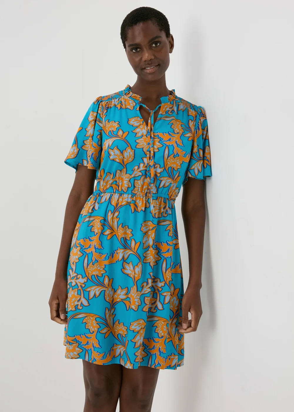 Turquoise Floral Tie Neck Mini Dress - 8 Image 1