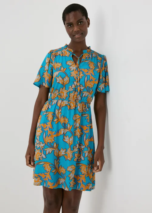 Turquoise Floral Tie Neck Mini Dress - 8 Image 1