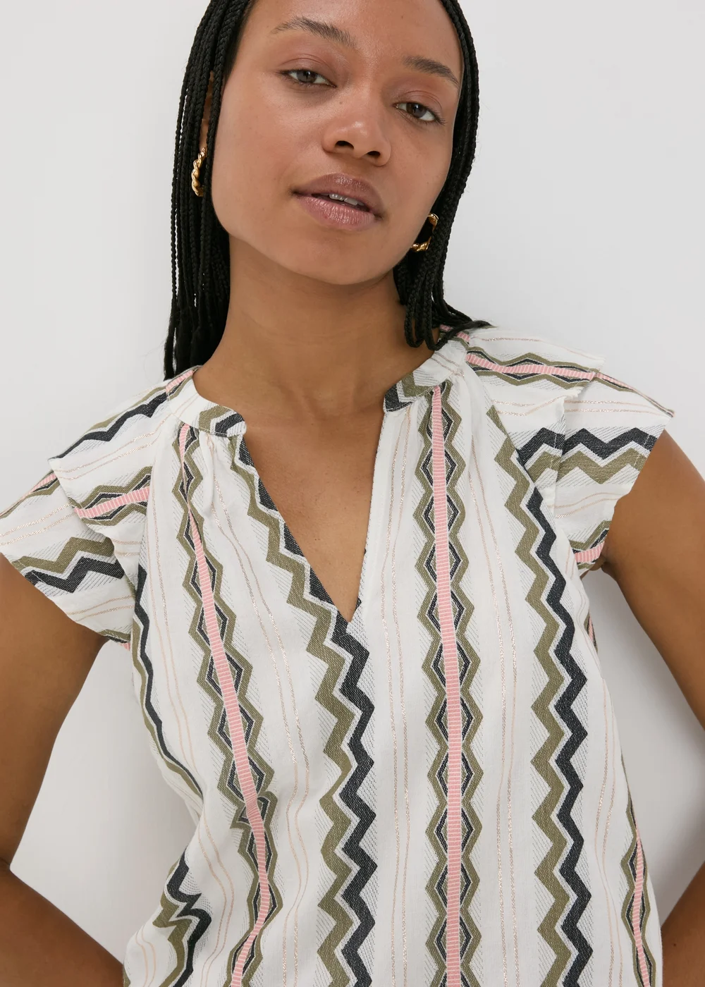 Cream Jacquard Stripe V-Neck Blouse - 8 Image 3