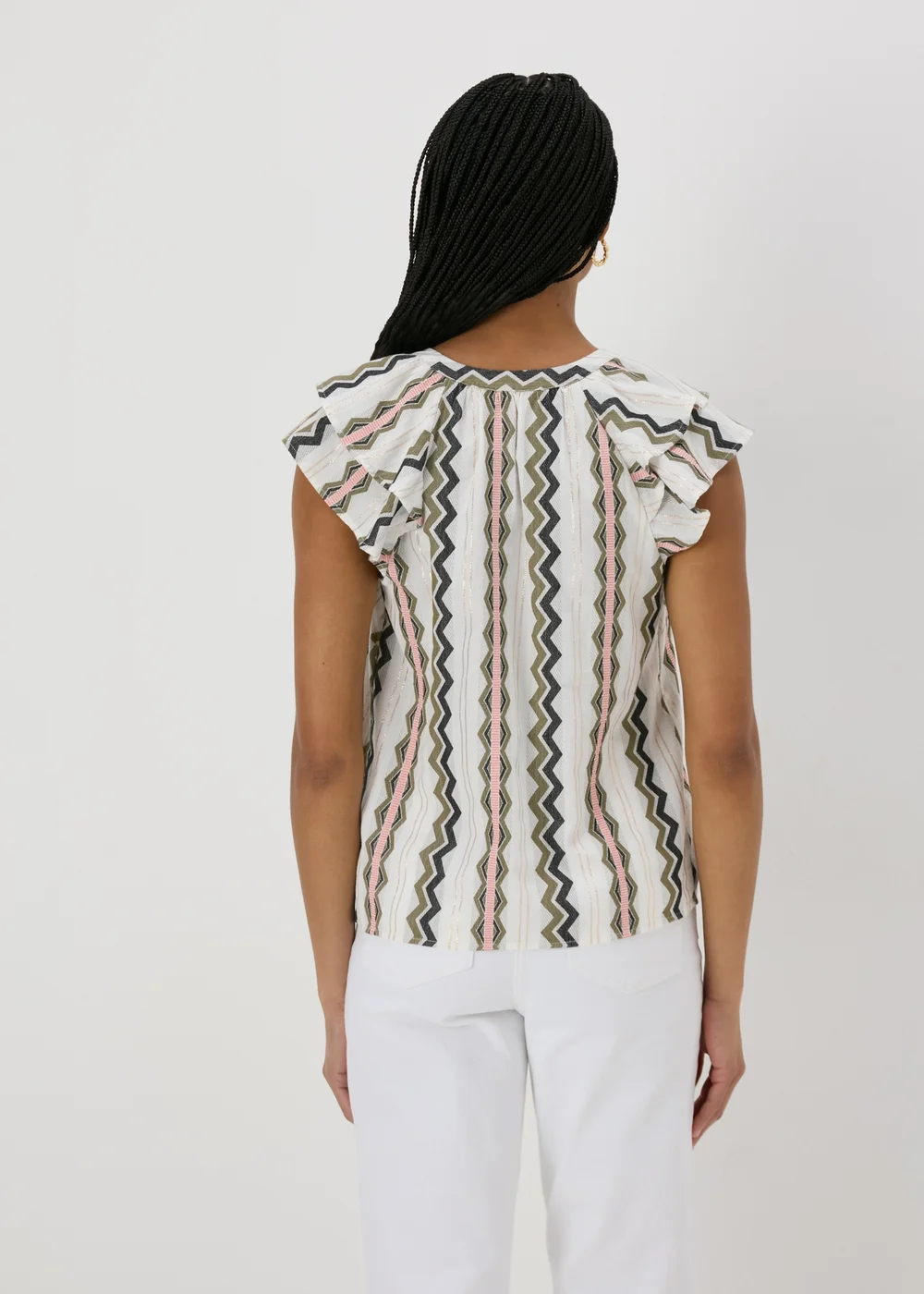 Cream Jacquard Stripe V-Neck Blouse - 8 Image 2