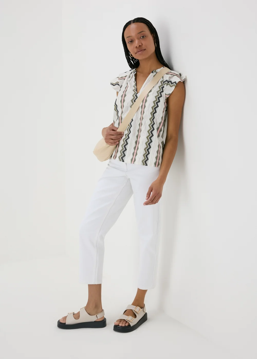 Cream Jacquard Stripe V-Neck Blouse - 8 Image 4