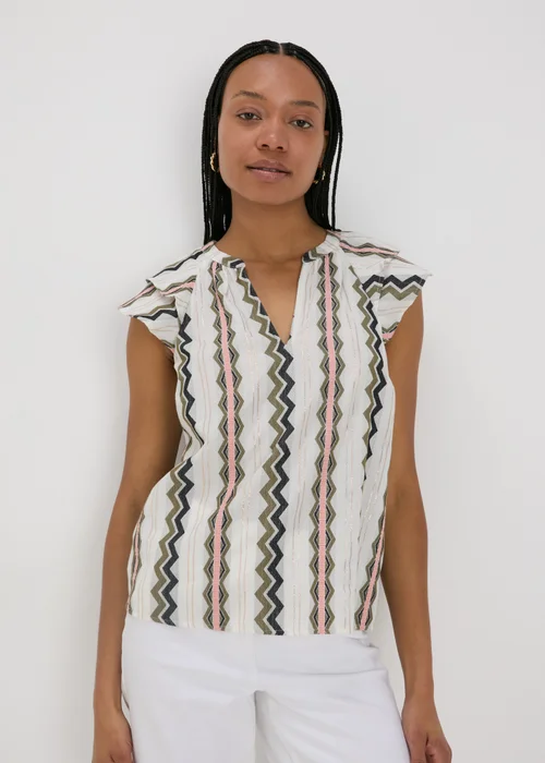 Cream Jacquard Stripe V-Neck Blouse - 8 Image 1