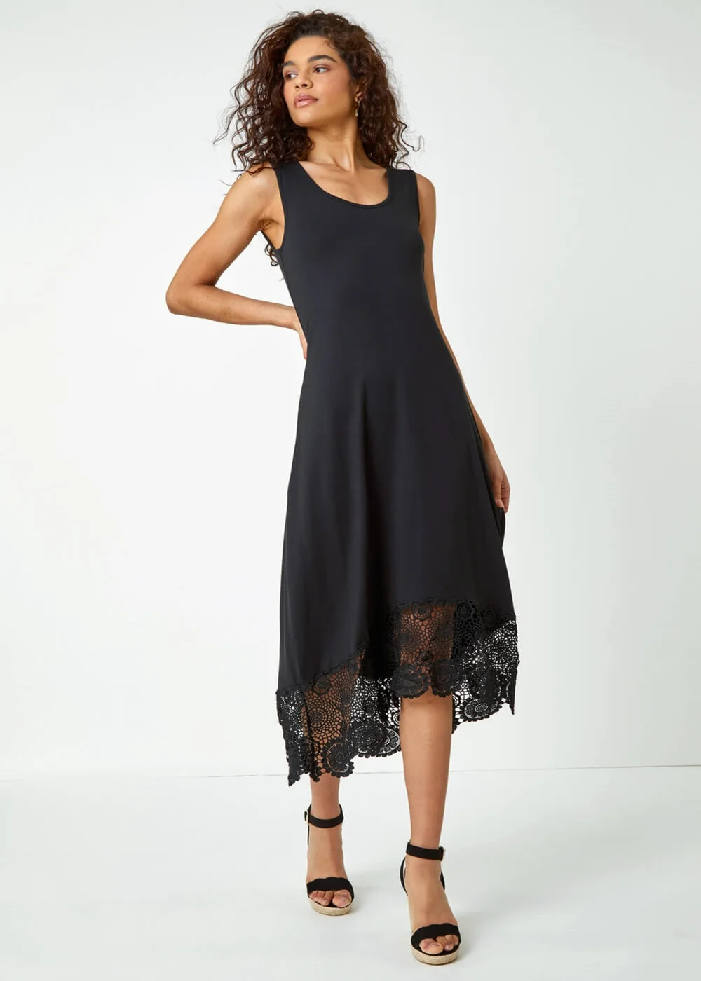 Roman Black Crochet Hem Stretch Midi Dress - 18 Image 2