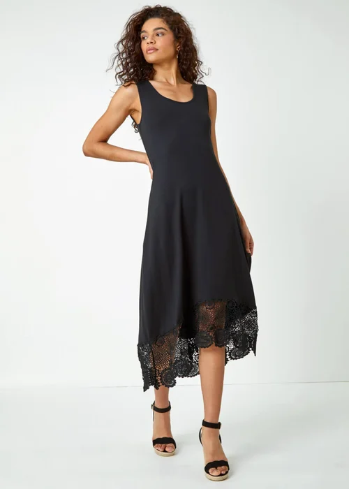 Roman Black Crochet Hem Stretch Midi Dress - 18 Image 2