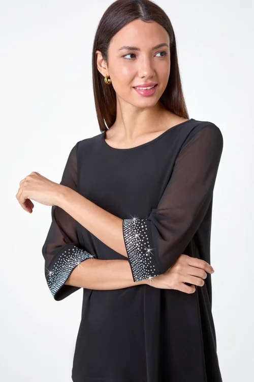 Roman Black Sparkly Cuff Chiffon Top - 10 Image 1