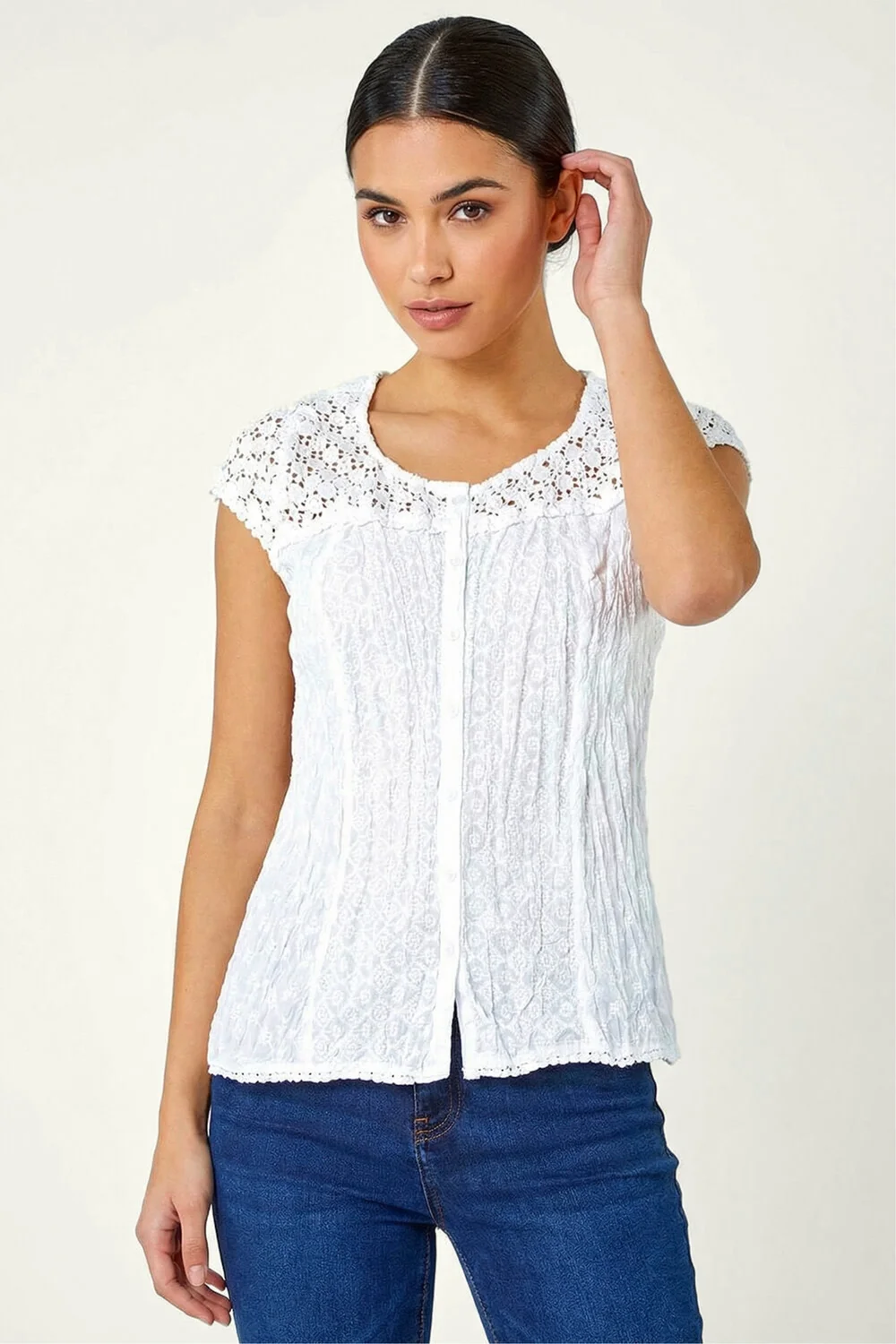 Roman White Lace Embroidered Crinkle Blouse Broderie Anglaise Cotton Top - 18 Image 2