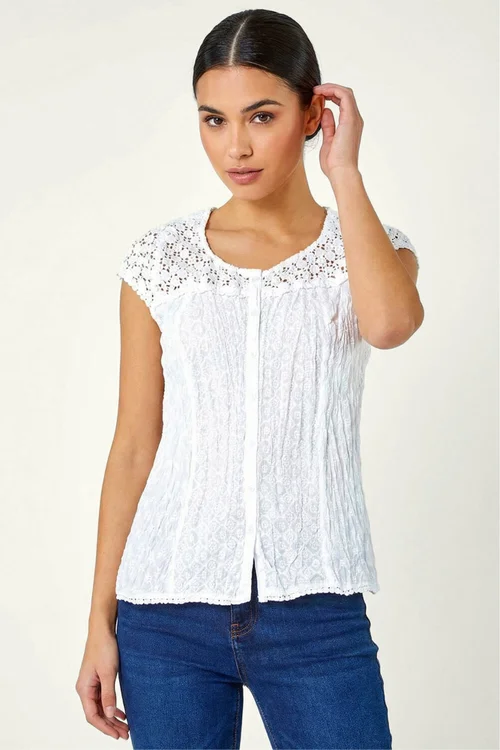 Roman White Lace Embroidered Crinkle Blouse Broderie Anglaise Cotton Top - 18 Image 2