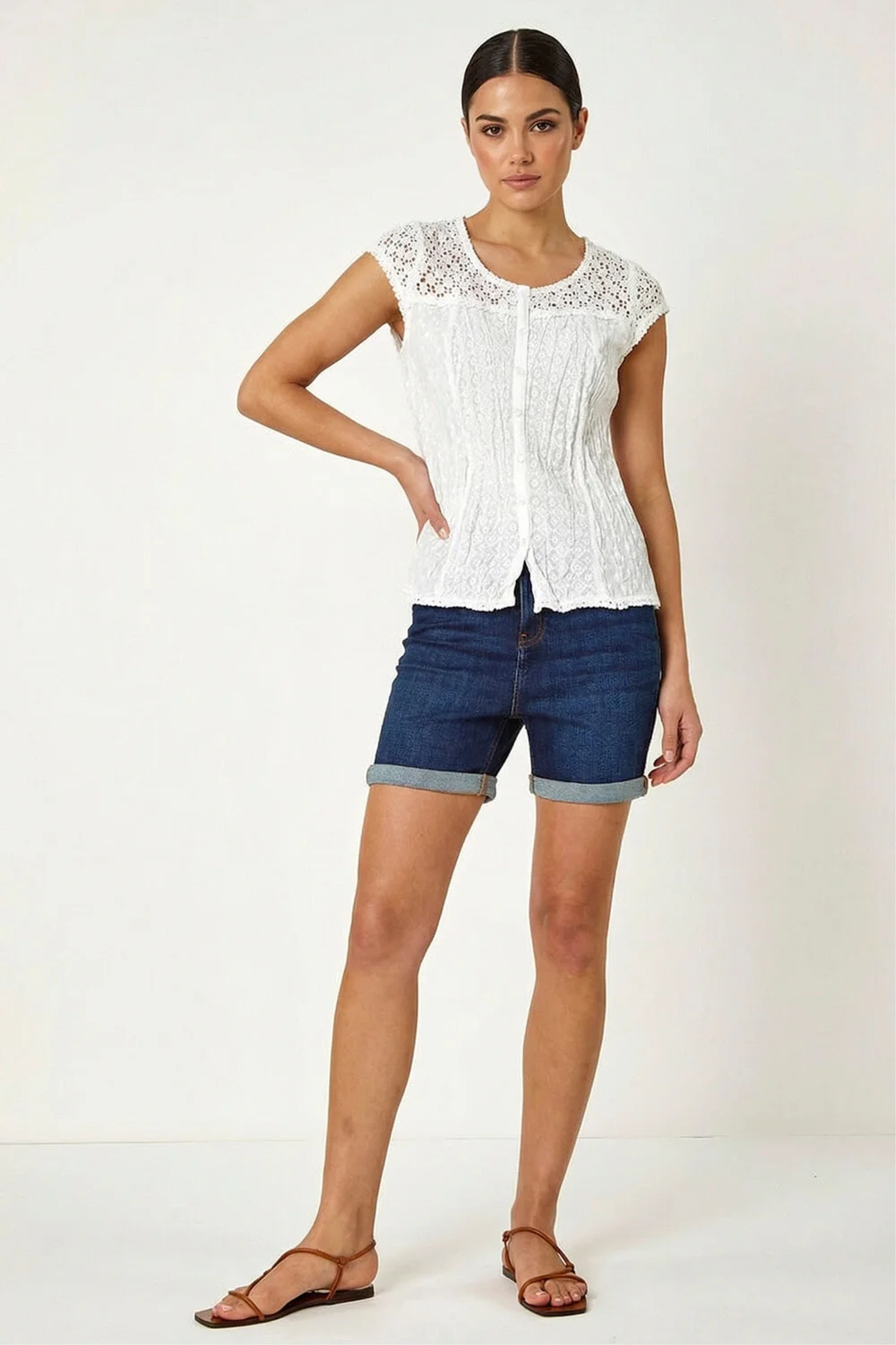 Roman White Lace Embroidered Crinkle Blouse Broderie Anglaise Cotton Top - 18 Image 3