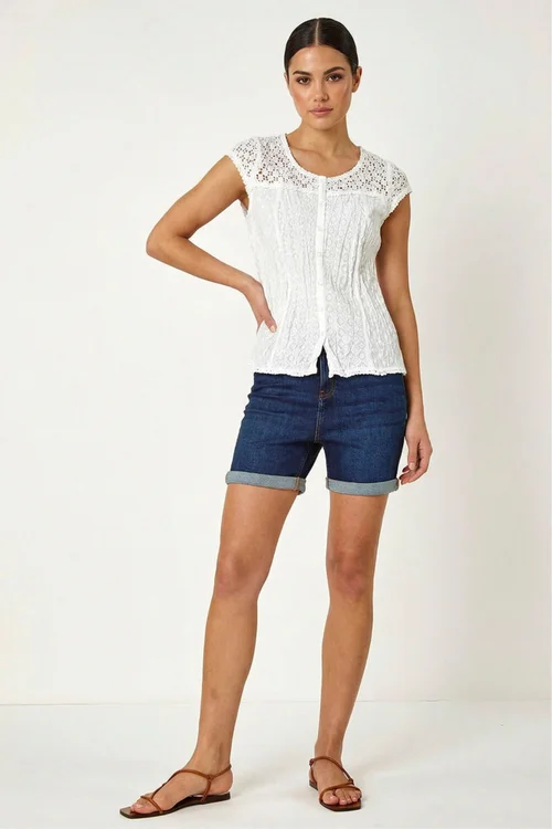 Roman White Lace Embroidered Crinkle Blouse Broderie Anglaise Cotton Top - 18 Image 3