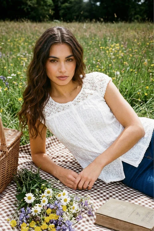 Roman White Lace Embroidered Crinkle Blouse Broderie Anglaise Cotton Top - 18 Image 1