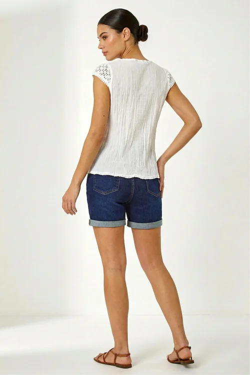 Roman White Lace Embroidered Crinkle Blouse Broderie Anglaise Cotton Top - 18 Image 4