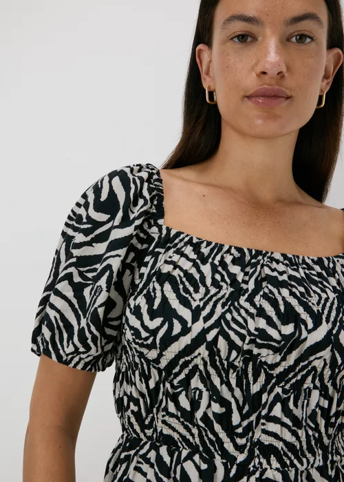 Black Mono Print Puff Sleeve Mini Dress - 8 Image 1