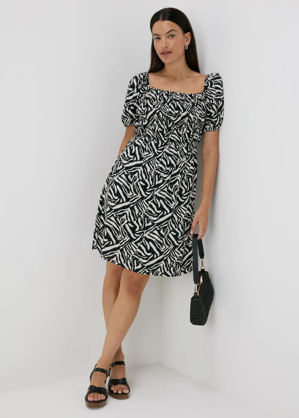 Black Mono Print Puff Sleeve Mini Dress - 8 Image 4