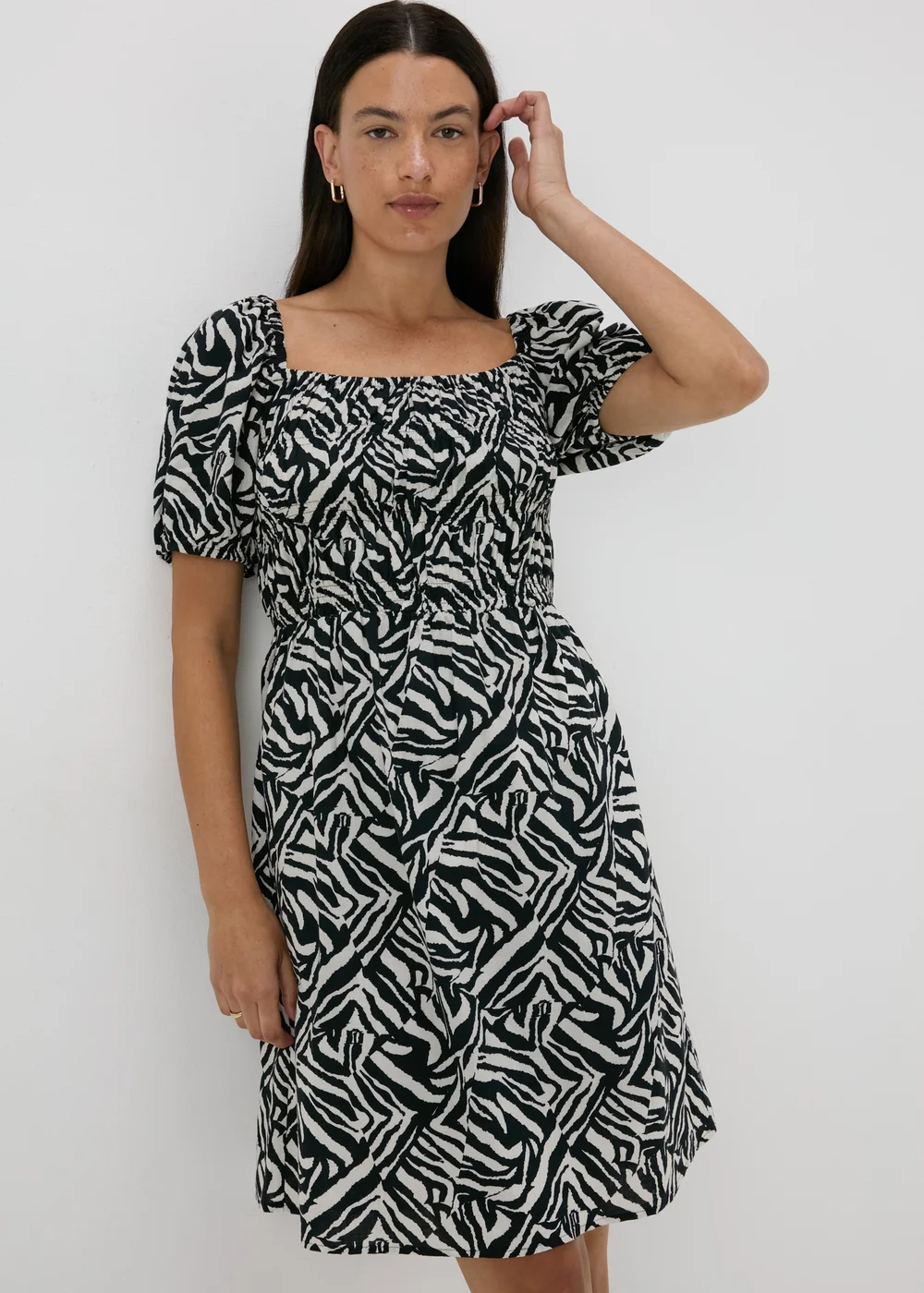 Black Mono Print Puff Sleeve Mini Dress - 8 Image 3