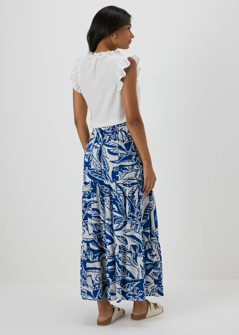 Blue Printed Crinkle Tiered Maxi Skirt - 8 Image 2