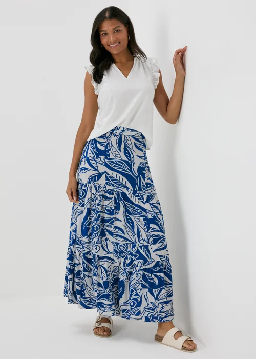 Blue Printed Crinkle Tiered Maxi Skirt - 8 Image 1
