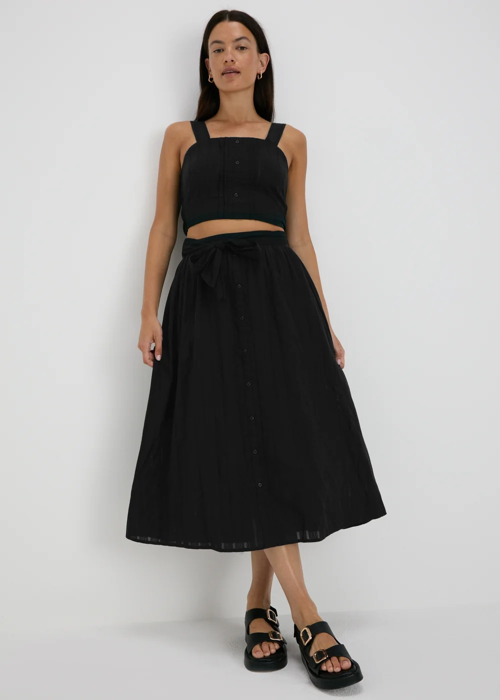 Black Button Front Dobby Midi Skirt - 8 Image 1
