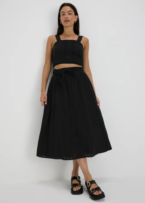 Black Button Front Dobby Midi Skirt - 8 Image 1