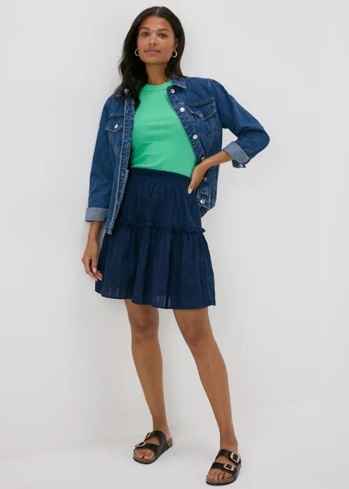 Navy Dobby Stripe Tiered Mini Skirt - 8 Image 4