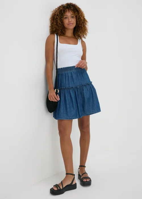 Denim Chambray Tiered Mini Skirt - 8 Image 4