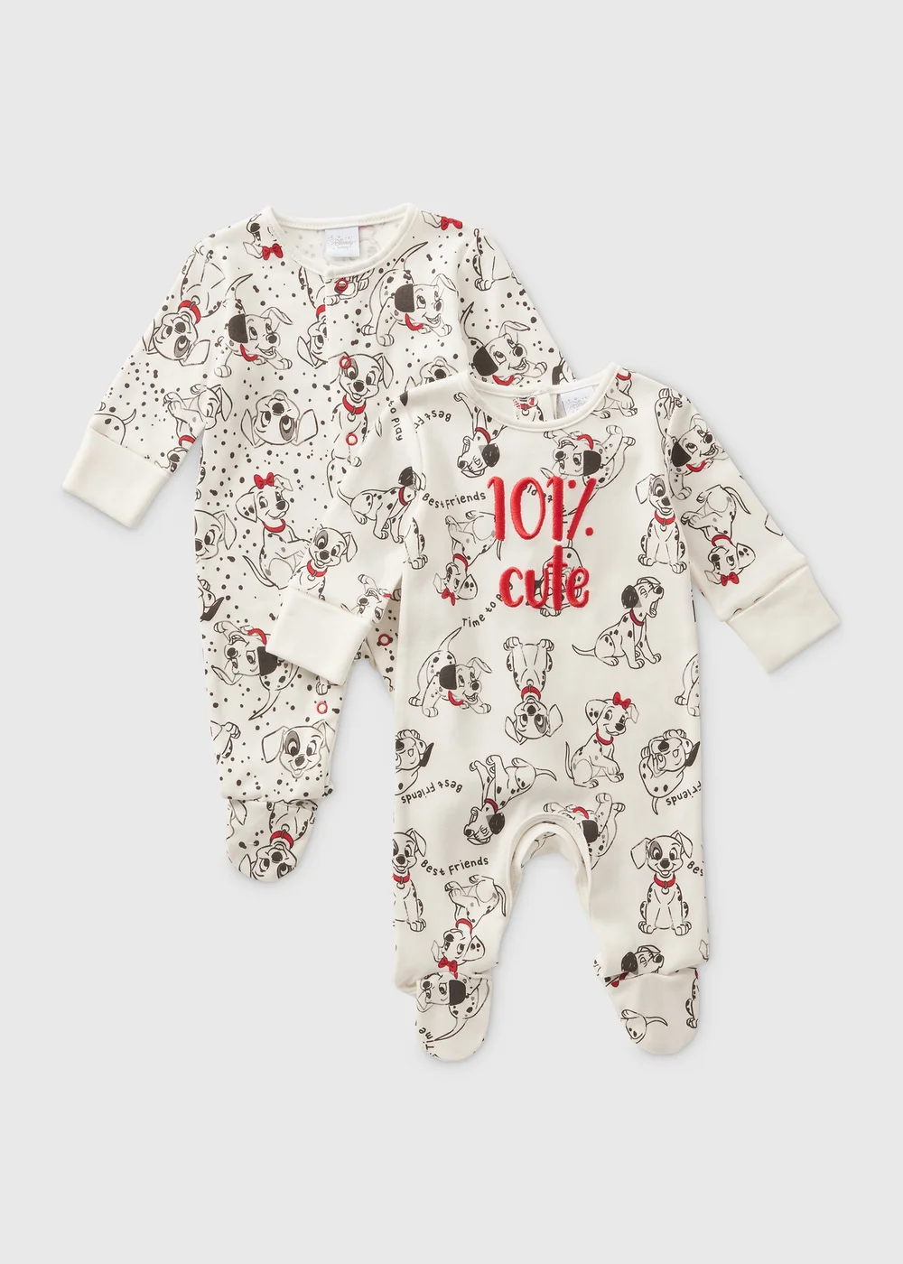 Disney 2 Pack Baby Cream Dalmatian Sleepsuits (Newborn-18mths) - Age 0 - 3 Months Image 1