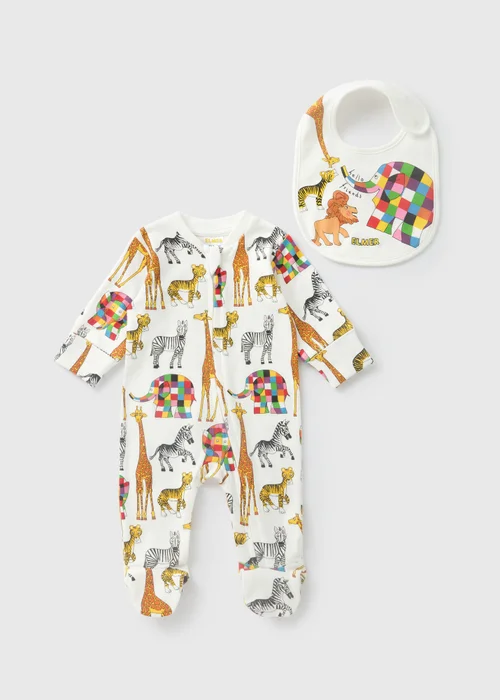Elmer Baby Cream Sleepsuit & Bib Set (Newborn-18mths) - Age 0 - 3 Months Image 1