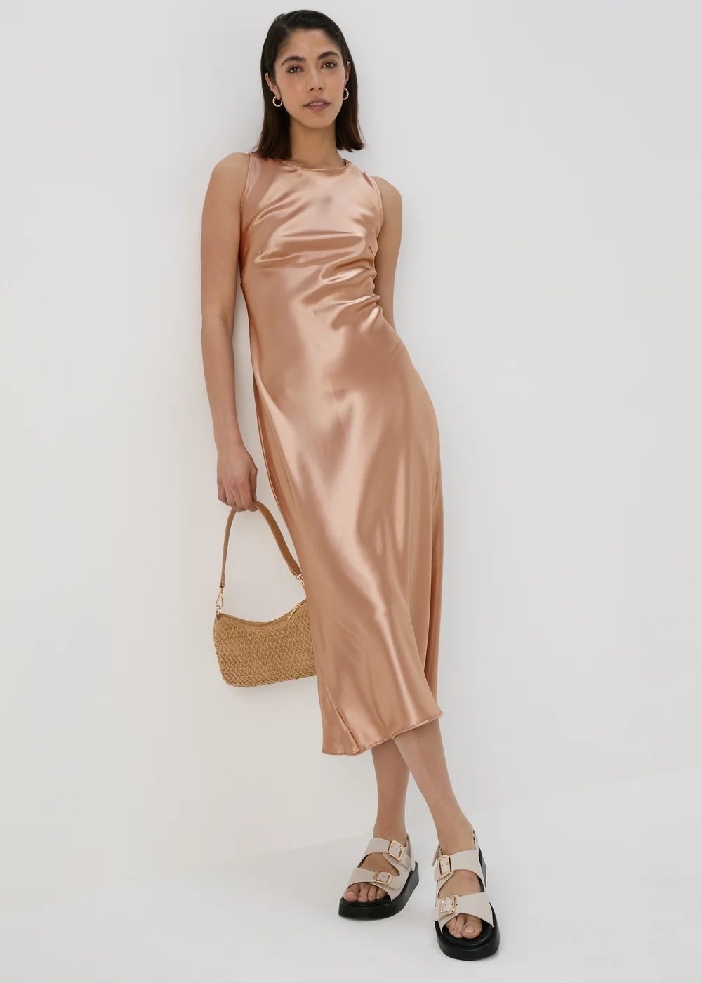 Champagne Bias Cut Satin Slip On Pencil Dress - Size 8 Image 4