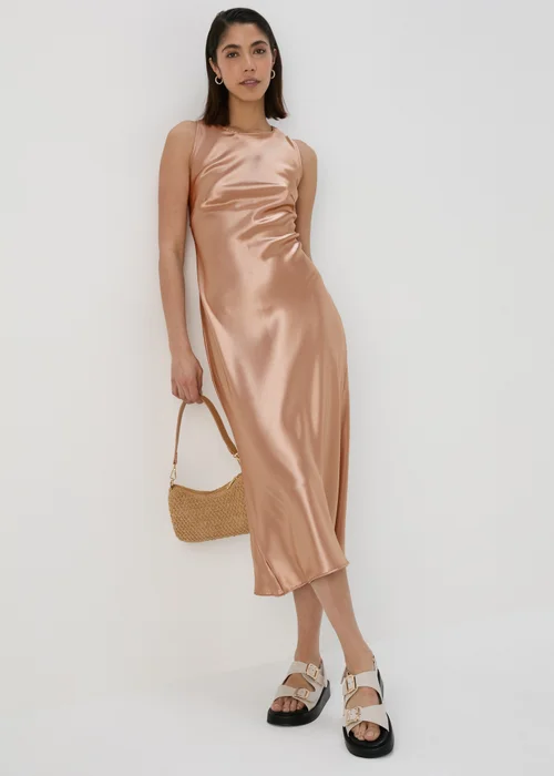 Champagne Bias Cut Satin Slip On Pencil Dress - Size 8 Image 4