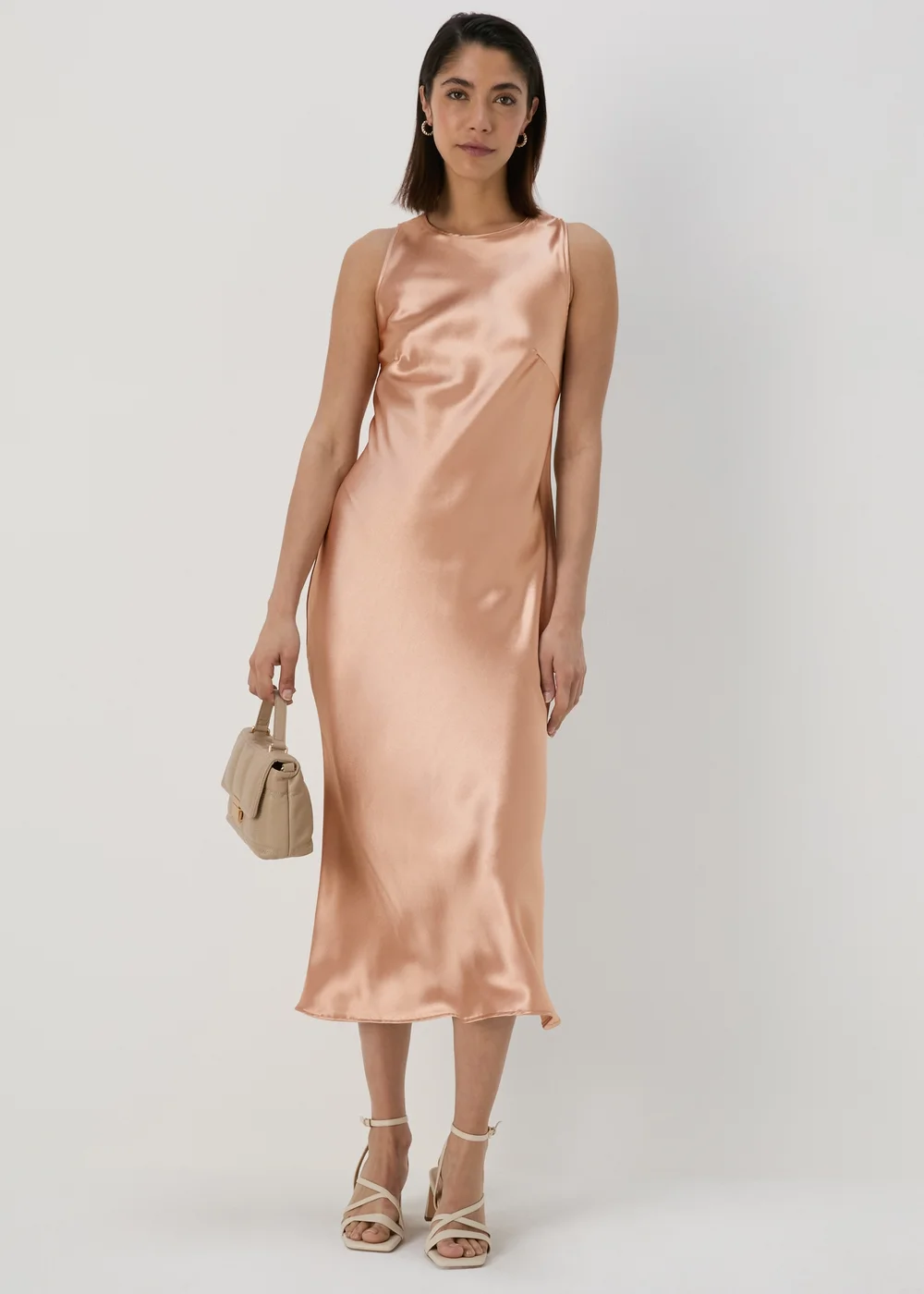 Champagne Bias Cut Satin Slip On Pencil Dress - Size 8 Image 1