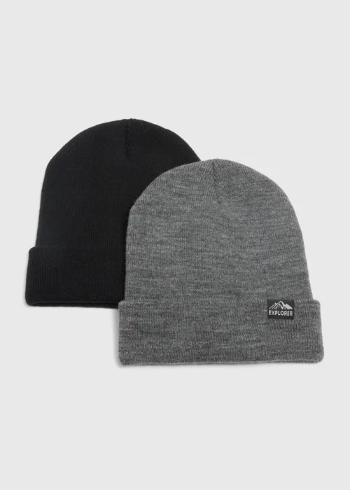 2 Pack Black & Grey Beanies (3-13yrs) - Age 7-10 Years Image 1