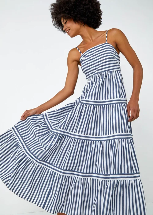 Roman Navy Sleeveless Stripe Tiered Cotton Maxi Dress - 6 Image 3