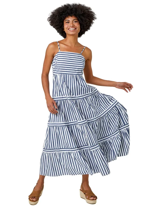 Roman Navy Sleeveless Stripe Tiered Cotton Maxi Dress - 6 Image 1