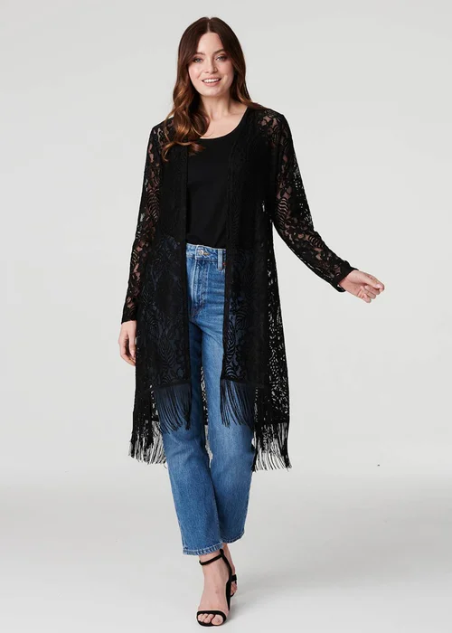 Izabel London Black Lace Open Front Fringed Cardigan - 8 Image 4