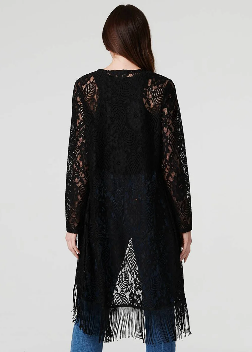 Izabel London Black Lace Open Front Fringed Cardigan - 8 Image 2