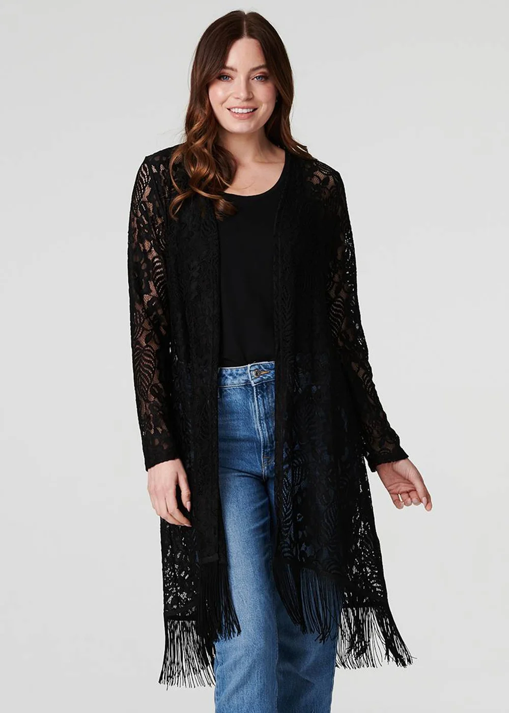 Izabel London Black Lace Open Front Fringed Cardigan - 8 Image 1