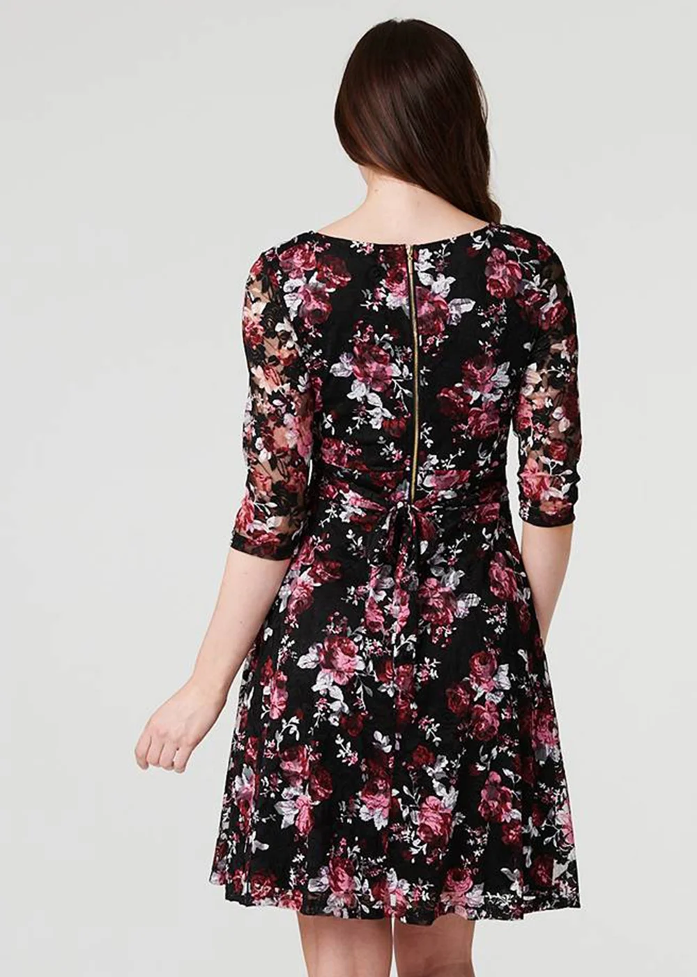 Izabel London Red Rose Print Lace Overlay Short Dress - 8 Image 2