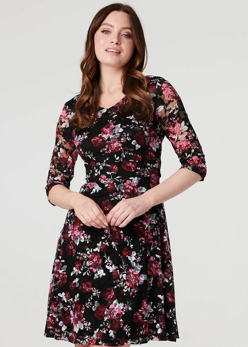 Izabel London Red Rose Print Lace Overlay Short Dress - 8 Image 1