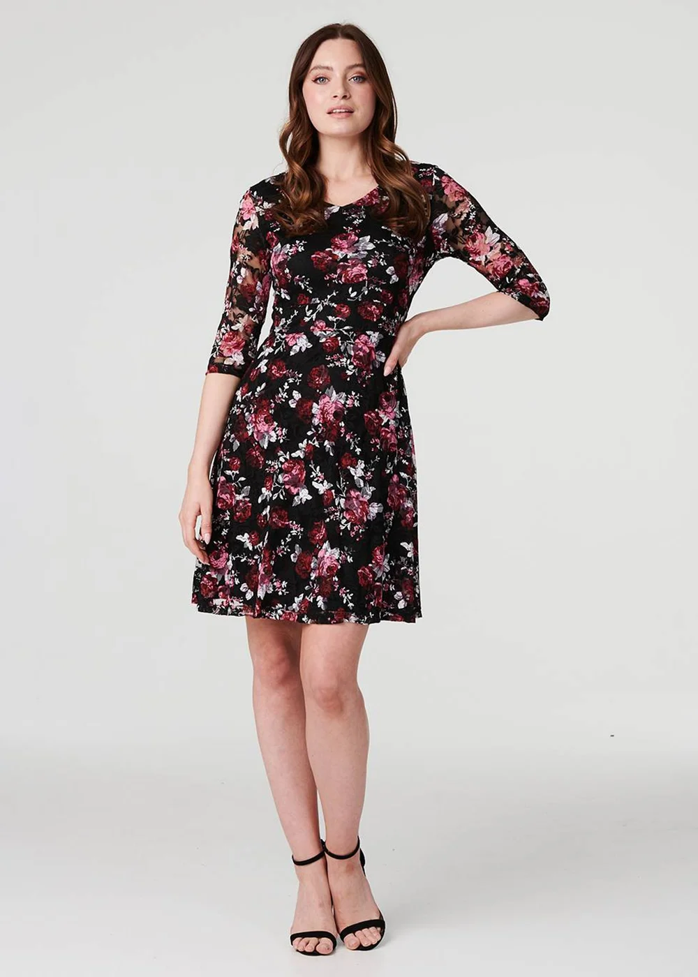 Izabel London Red Rose Print Lace Overlay Short Dress - 8 Image 4