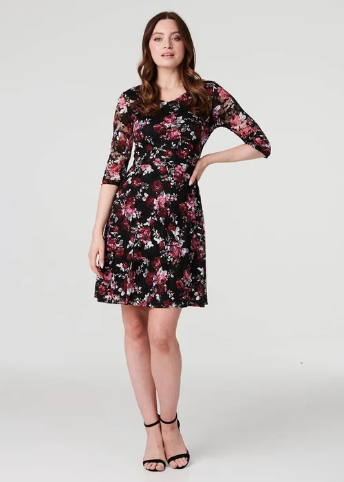 Izabel London Red Rose Print Lace Overlay Short Dress - 8 Image 4