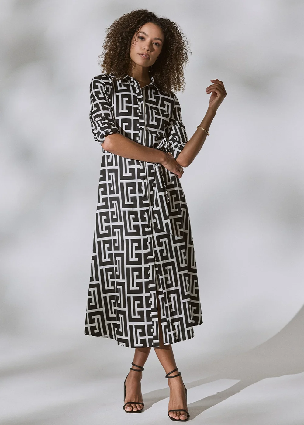 Izabel London Black Printed Tie Waist Midi Shirt Dress - 8 Image 1