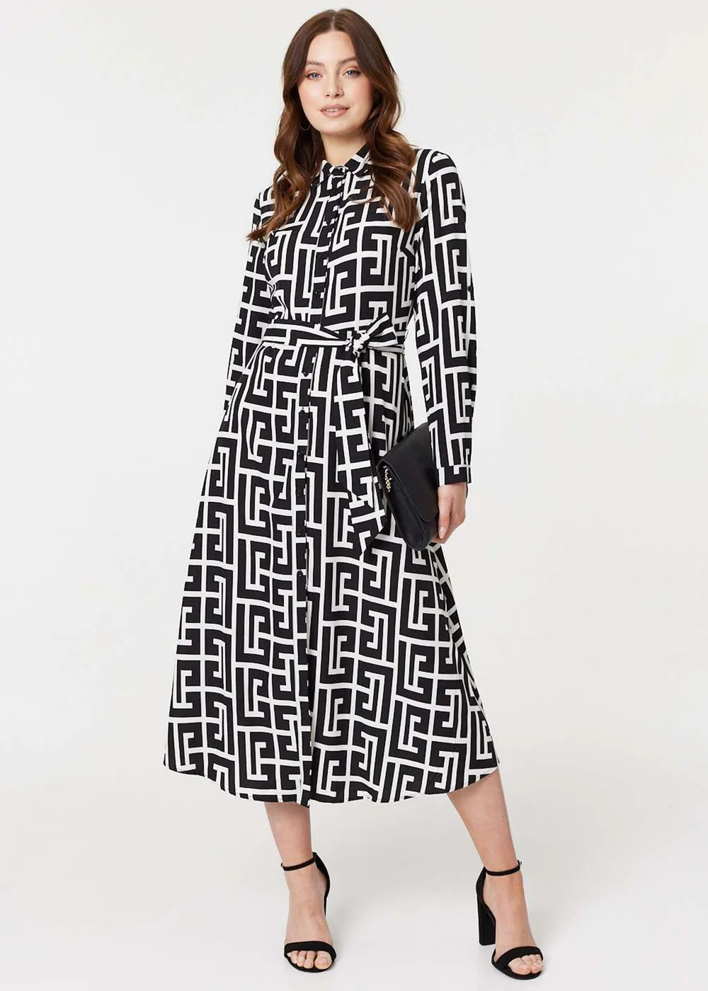 Izabel London Black Printed Tie Waist Midi Shirt Dress - 8 Image 4