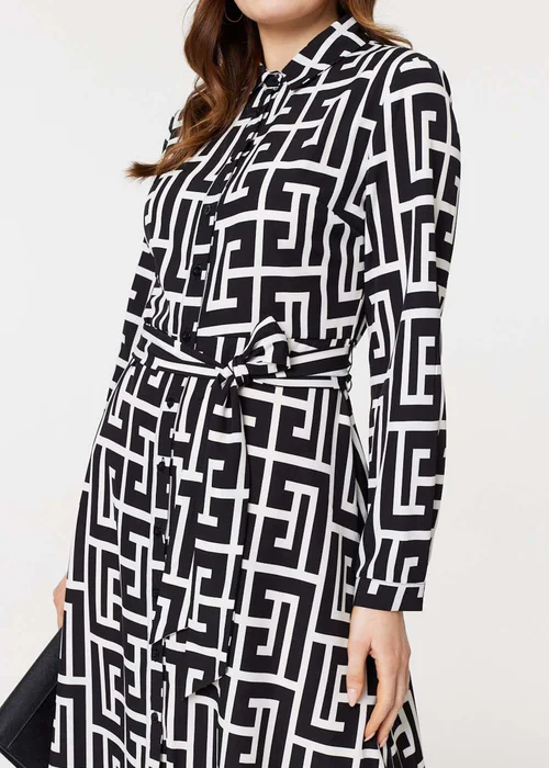 Izabel London Black Printed Tie Waist Midi Shirt Dress - 8 Image 3