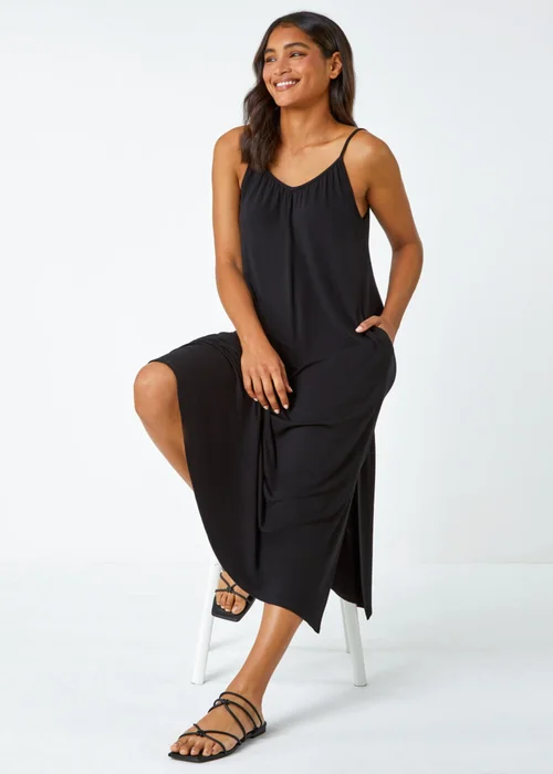 Roman Black Plain Stretch Jersey Pocket Midi Dress - 22 Image 3