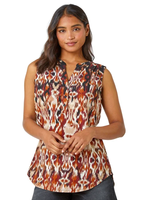 Roman Rust Sleeveless V-Neck Aztec Print Stretch Top - 6 Image 1