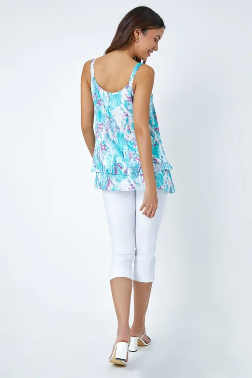 Roman Turquoise Animal Print Shimmer Detail V-Neck Vest Top - 6 Image 3