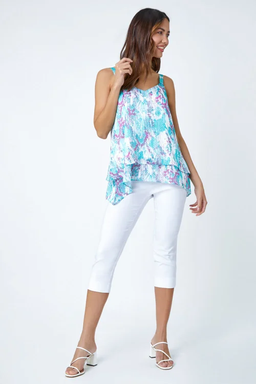 Roman Turquoise Animal Print Shimmer Detail V-Neck Vest Top - 6 Image 2