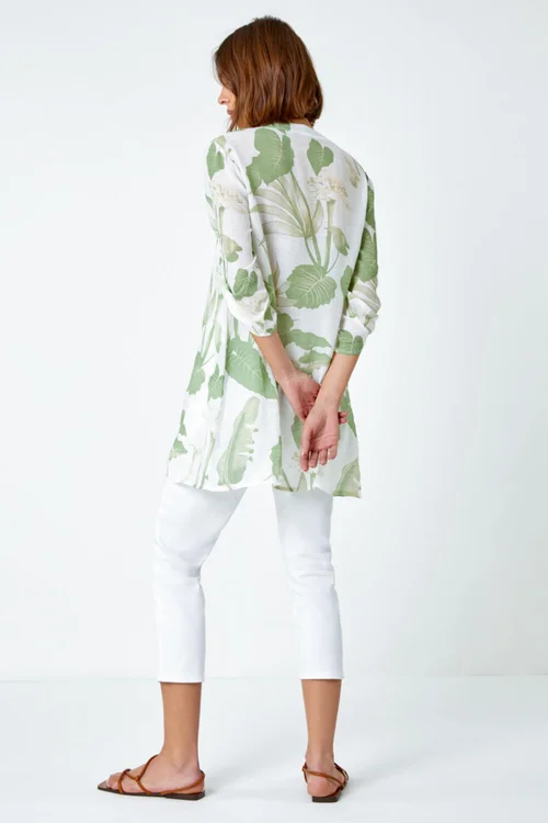 Roman Green Palm Print Wrap Hem Tunic Top - 6 Image 3