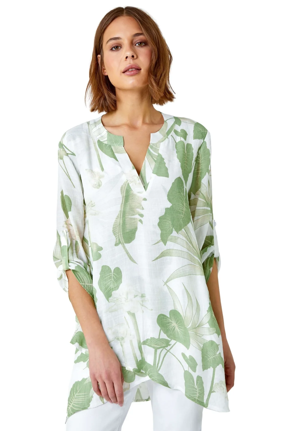 Roman Green Palm Print Wrap Hem Tunic Top - 6 Image 1