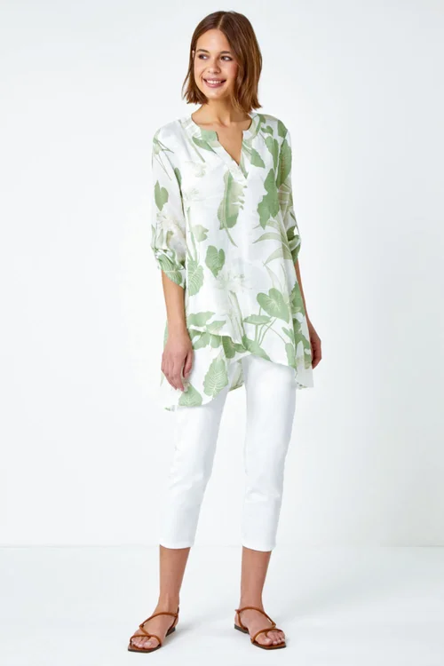 Roman Green Palm Print Wrap Hem Tunic Top - 6 Image 2
