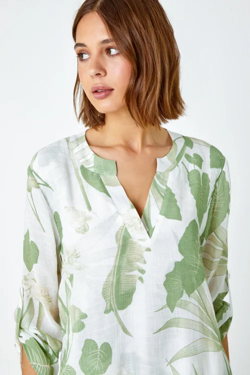 Roman Green Palm Print Wrap Hem Tunic Top - 6 Image 4